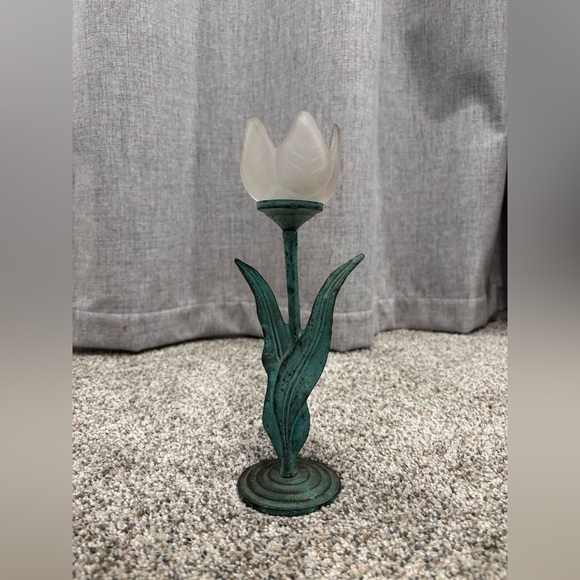 Other - Vintage Tulip Candleholder Single Frosted Glass Flower, Green Metal Stem